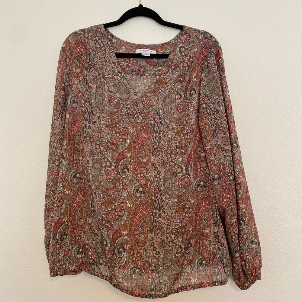 Liz Claiborne Paisley Relaxed Sheer Blouse with Long Sleeves and Camisole